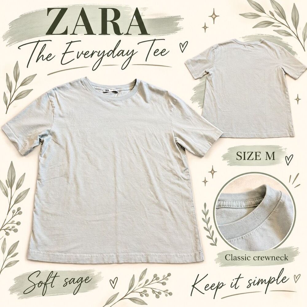 Zara Pale Sage Green Crewneck Short Sleeve T-Shirt Size Medium